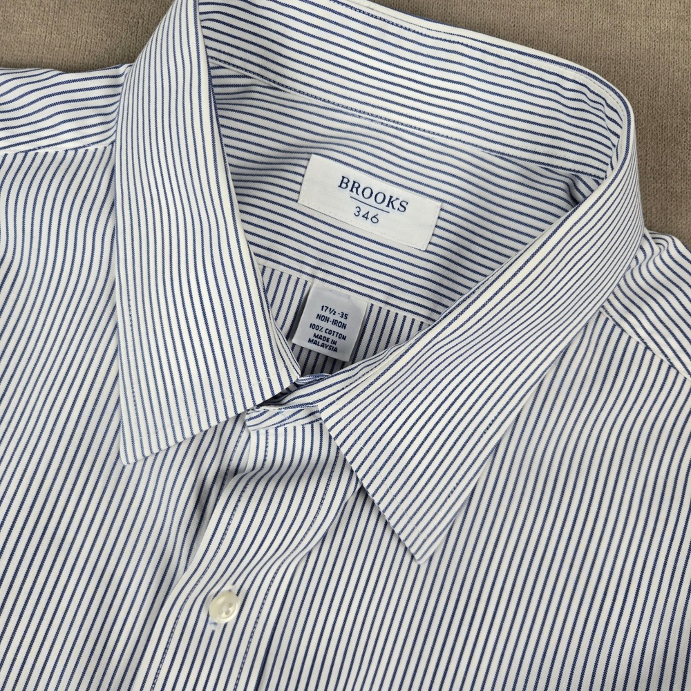 Brooks 346 Mens Blue White Striped Non-Iron Cotton Dress Shirt 17.5 35 Regular